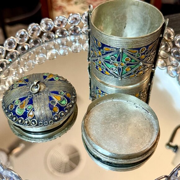 VTG ~ Cuff Bracelet & Box w/ Pin ~Berber Kabyle Tribal Hammered Silver & Enamel - Picture 10 of 12